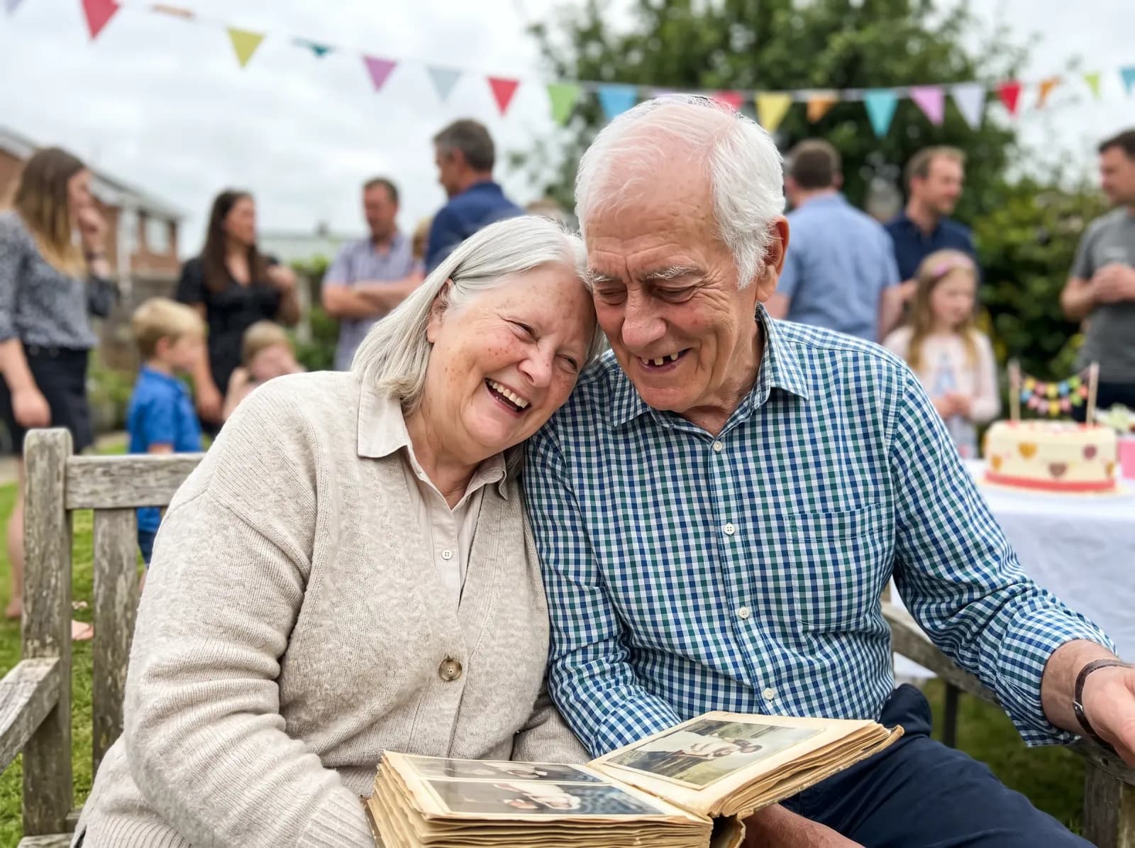 The older couple laughing over a photo album at their anniversary party