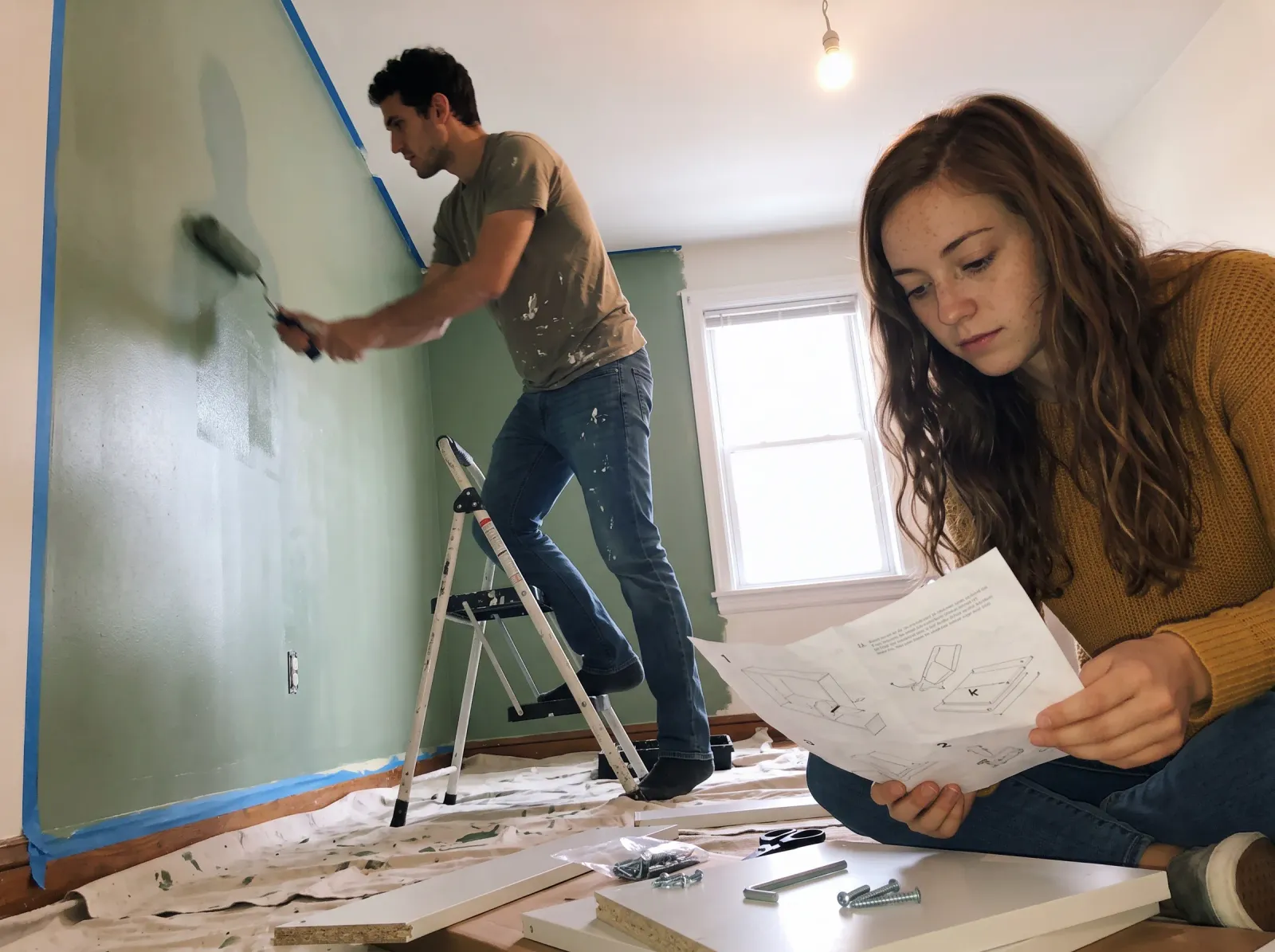 He paints a wall green while she reads furniture instructions