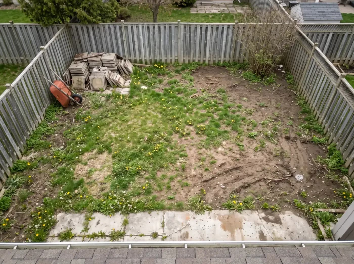 A fenced backyard of patchy grass and bare dirt, seen from above