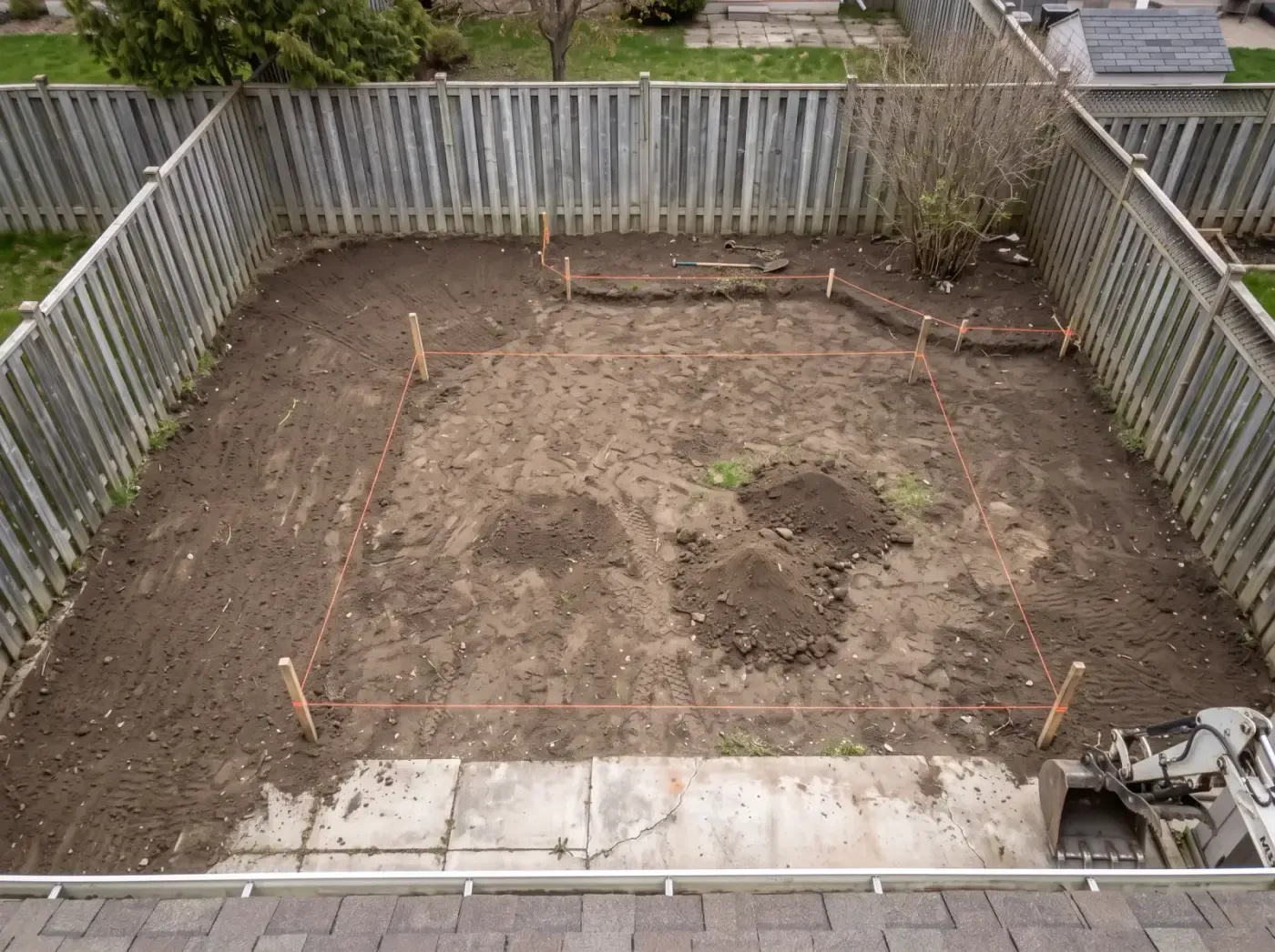 The yard dug down to soil and staked out with string