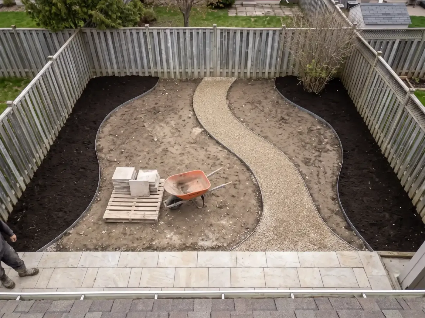 A curved gravel path laid between dark garden beds