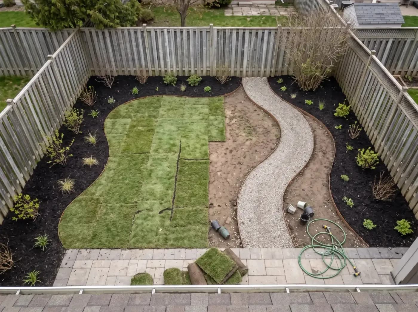 Fresh sod rolled out beside the path, young plants in the beds