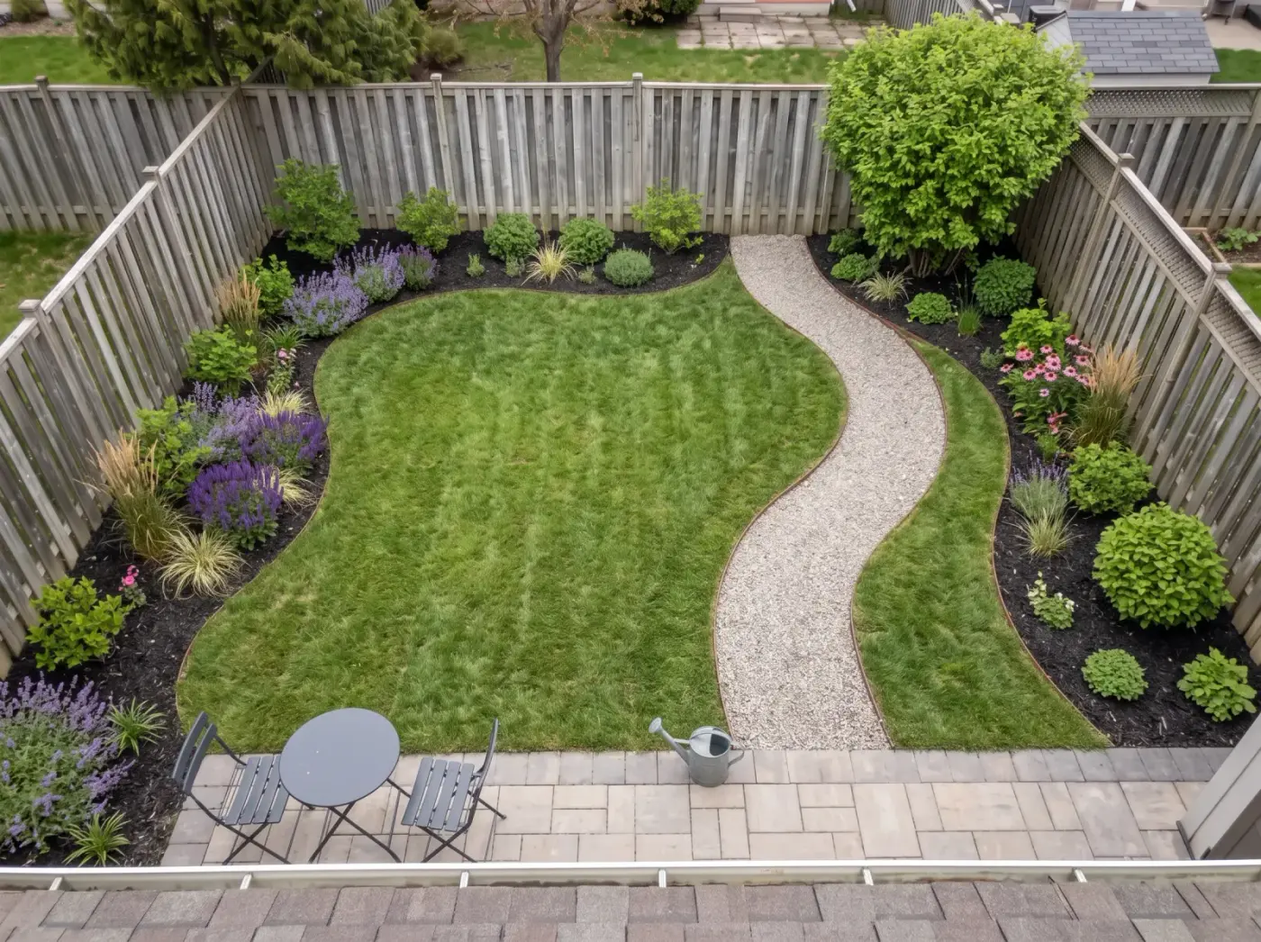 The finished garden: green lawn, flowering beds, and a patio table