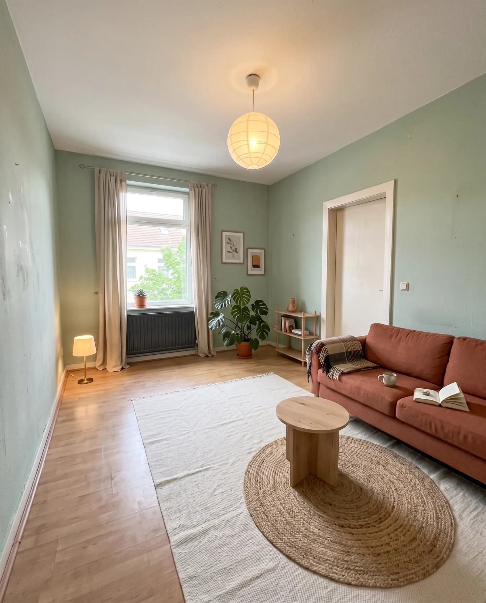 The walls painted sage green, with a terracotta sofa and plants