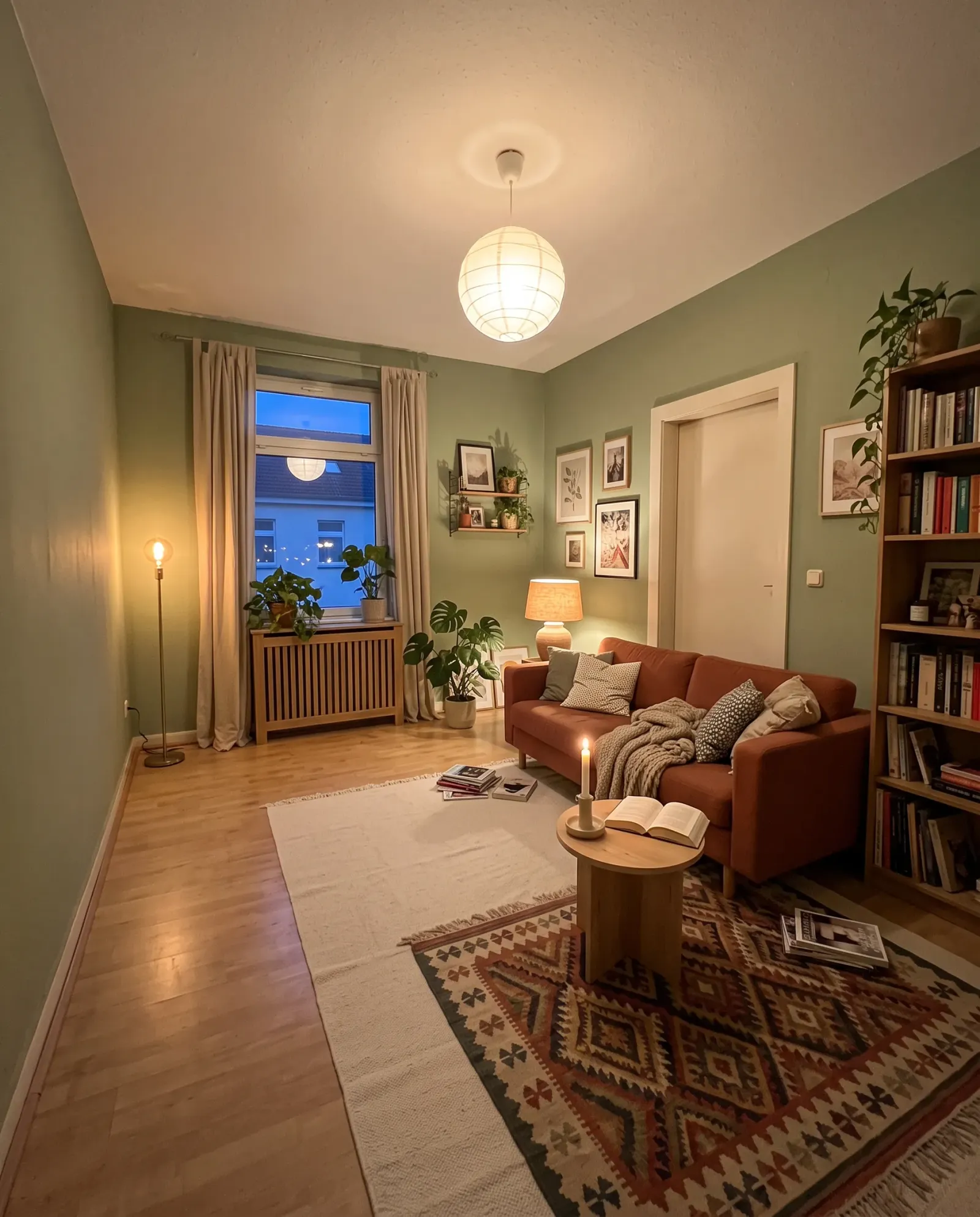 The finished room with bookshelves, a patterned rug, and lamplight